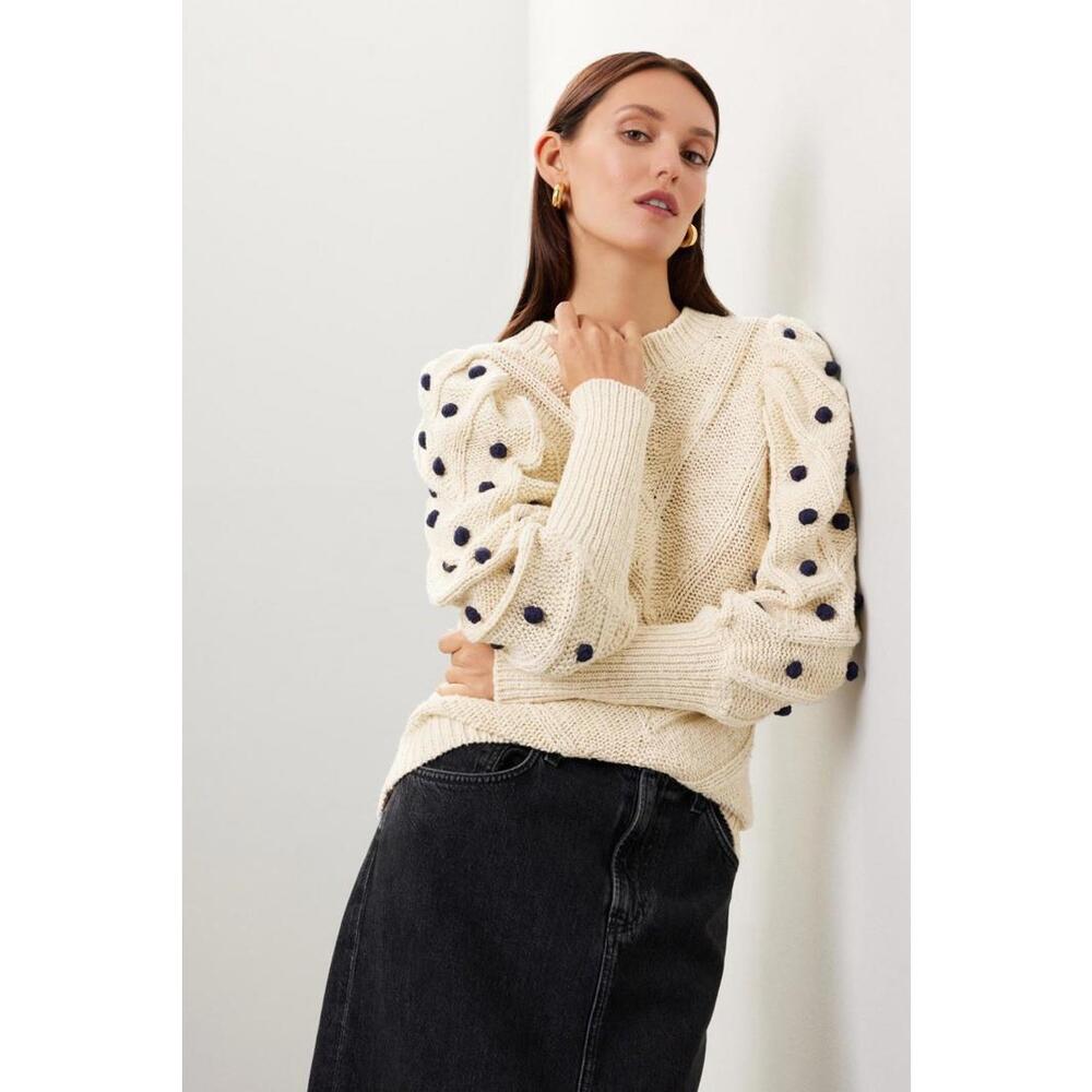 Marie Oliver Bridget Sweater Cable Knit Balloon Sleeve Ivory Size L